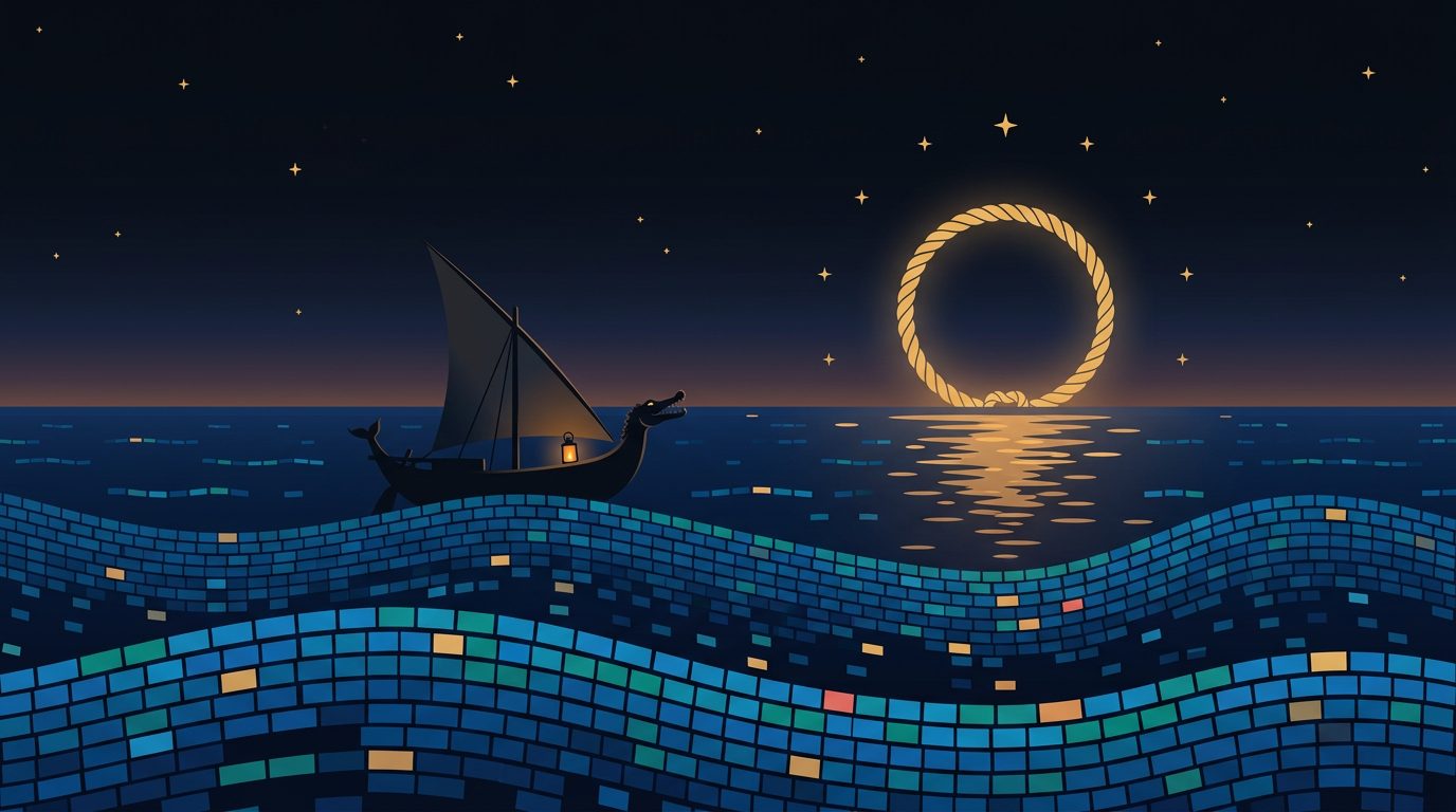 A lone dhow with a Makara prow sails a sea of glowing treemap tiles at dusk, beneath Varuna's golden pasha ring rising like a moon among watchful stars.